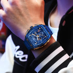 Relógio de Pulso de Luxo com Caixa Quadrada, Quartzo, à Prova d'Água, com Cronógrafo Luminoso e Data.