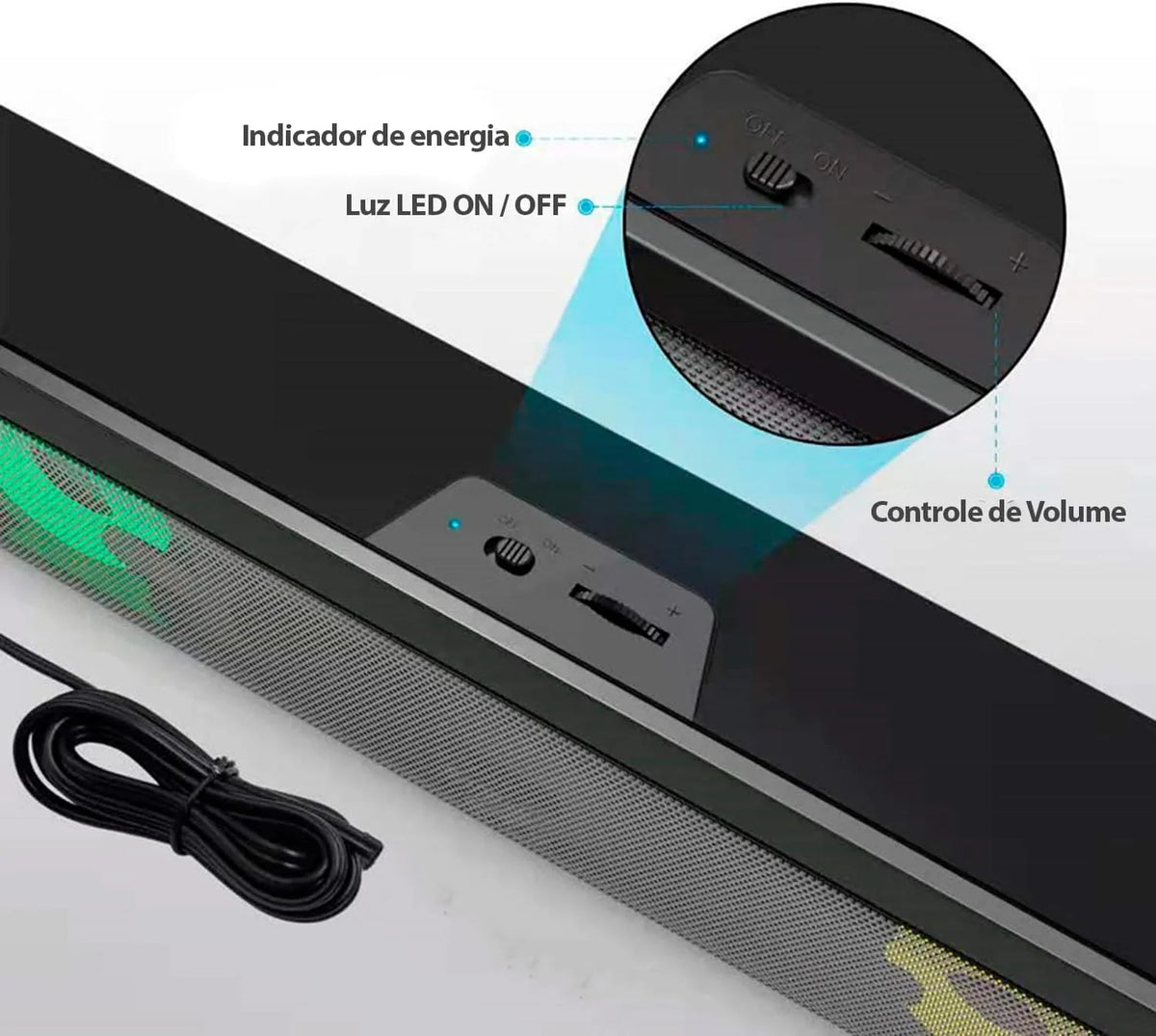 Soundbar Gamer com LED RGB e Som Estéreo 6W – Conexão USB para TV, Notebook e Celular
