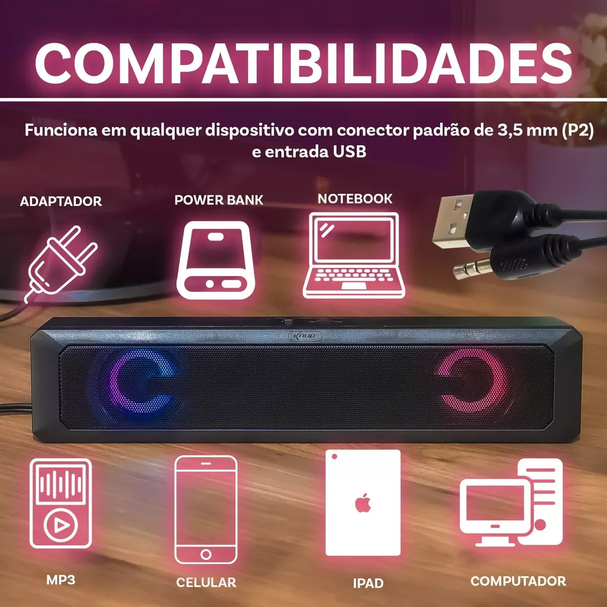 Soundbar Gamer com LED RGB e Som Estéreo 6W – Conexão USB para TV, Notebook e Celular